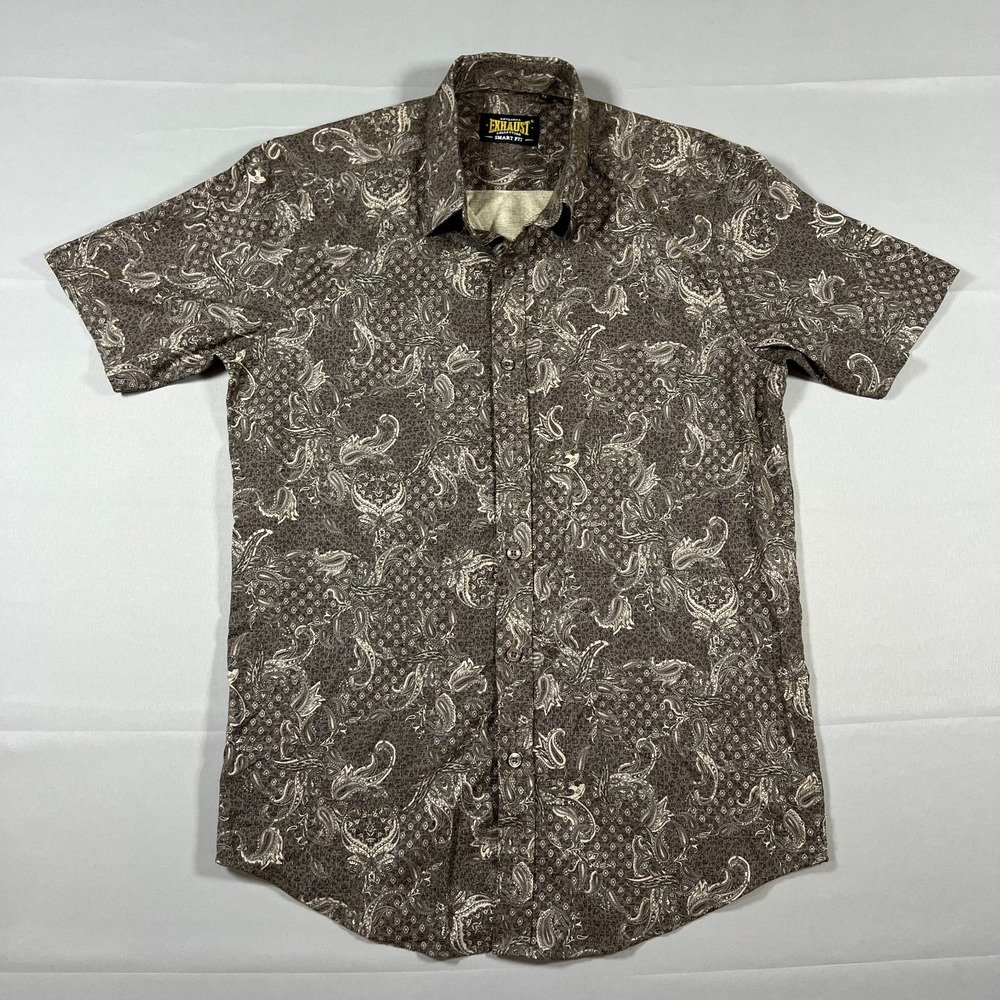Exhaust Button Up Shirt Mens Medium Brown Cotton Paisley Print Short Sleeve